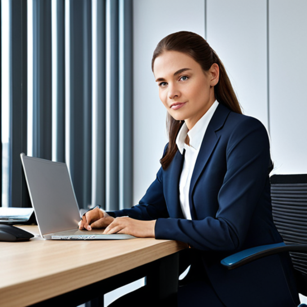 **Prompt:** A professional businesswoman in a modest business suit, sitting at a desk in a modern office, fully clothed, appropriate attire, safe for work, perfect anatomy, natural proportions, professional photography, high quality.