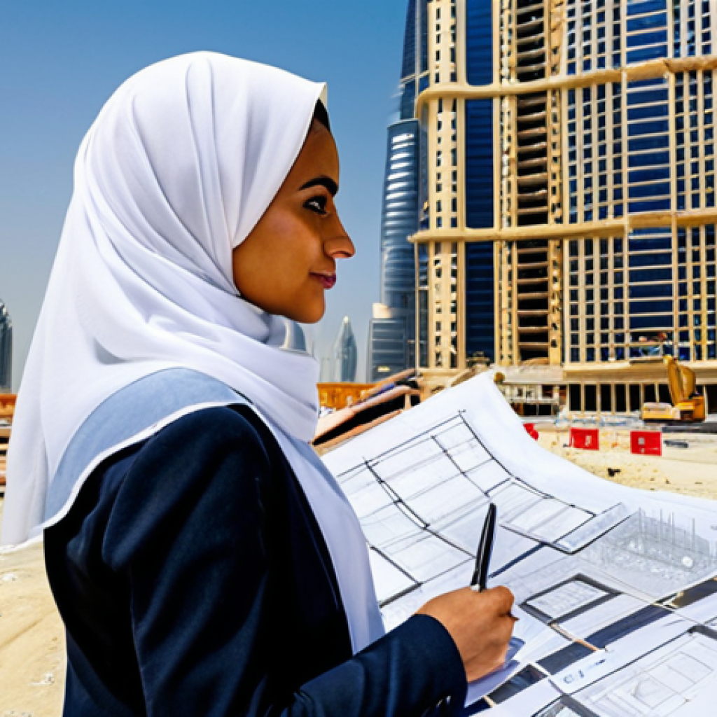 **

"A professional female architect, wearing a hijab and modest business attire, reviewing blueprints on a construction site in Dubai, with the Burj Khalifa in the background, fully clothed, appropriate content, safe for work, perfect anatomy, correct proportions, professional, family-friendly, high-resolution photograph."

**