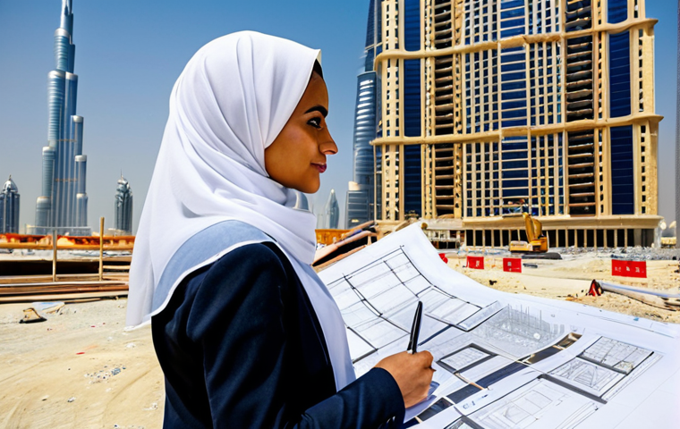 **

"A professional female architect, wearing a hijab and modest business attire, reviewing blueprints on a construction site in Dubai, with the Burj Khalifa in the background, fully clothed, appropriate content, safe for work, perfect anatomy, correct proportions, professional, family-friendly, high-resolution photograph."

**