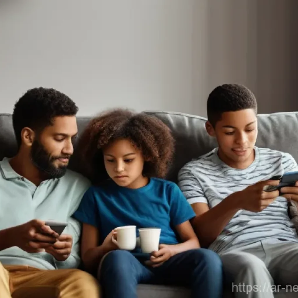 스마트폰에서의 피해 사례와 예방책 - **Prompt:** A diverse family of four (two parents, two children aged 8 and 12) sitting together in a...