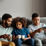 스마트폰에서의 피해 사례와 예방책 - **Prompt:** A diverse family of four (two parents, two children aged 8 and 12) sitting together in a...