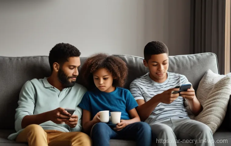 스마트폰에서의 피해 사례와 예방책 - **Prompt:** A diverse family of four (two parents, two children aged 8 and 12) sitting together in a...