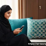 스마트폰에서의 개인 정보 보호를 위한 법률 - A modern Middle Eastern woman using a smartphone in a cozy home setting, focused on enabling two-fac...