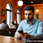 스마트폰 보안 사고 사례 연구 - A modern Middle Eastern man in his 30s sitting at a café table using a smartphone, with a suspicious...