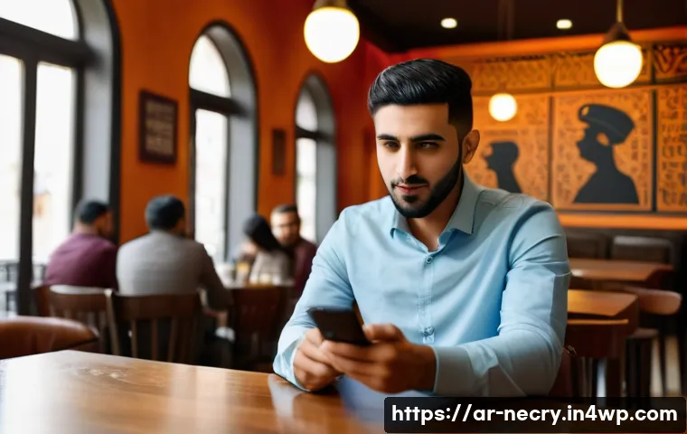 스마트폰 보안 사고 사례 연구 - A modern Middle Eastern man in his 30s sitting at a café table using a smartphone, with a suspicious...