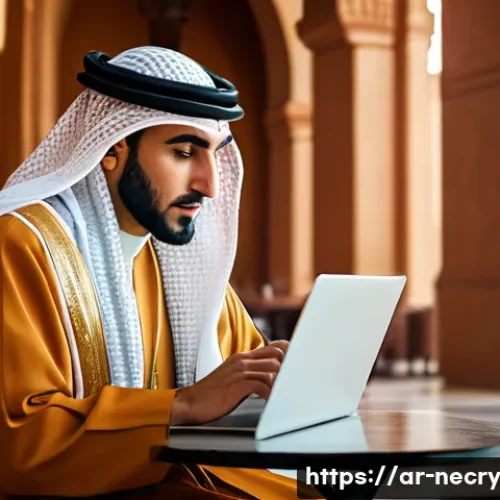 스마트폰 보안 교육의 필요성 - A detailed scene showing an Arab man in traditional clothing sitting at a café with a laptop and sma...