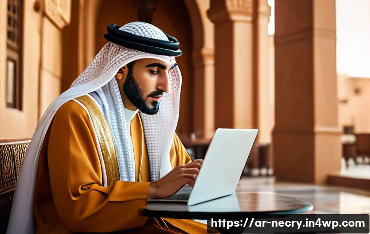스마트폰 보안 교육의 필요성 - A detailed scene showing an Arab man in traditional clothing sitting at a café with a laptop and sma...