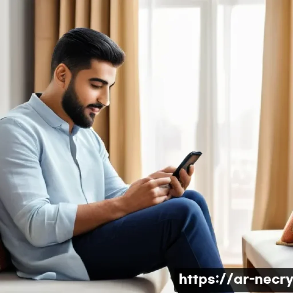 스마트폰 보안 취약점 업데이트 방법 - A modern Arab man sitting comfortably at home, using a smartphone displaying a system update notific...