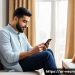 Home 19 스마트폰 보안 취약점 업데이트 방법 - A modern Arab man sitting comfortably at home, using a smartphone displaying a system update notific...