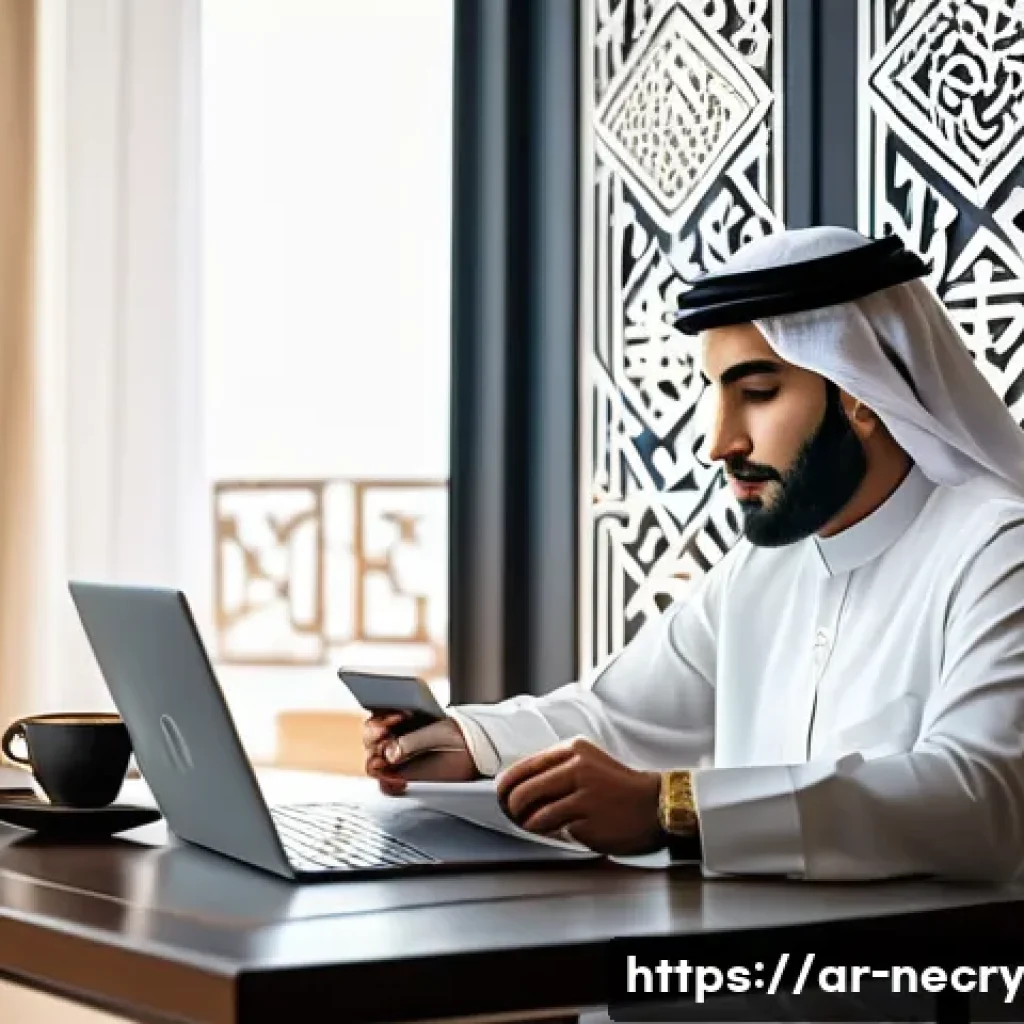 스마트폰 보안 점검 checklist - A modern Middle Eastern man in traditional attire sitting at a sleek desk in a bright home office, a...