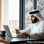 Home 18 스마트폰 보안 점검 checklist - A modern Middle Eastern man in traditional attire sitting at a sleek desk in a bright home office, a...