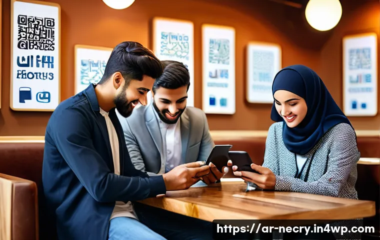 공공 Wi Fi 사용 시 보안 대책 - A cozy Middle Eastern café scene in a busy urban setting, featuring Arabic signage and traditional d...