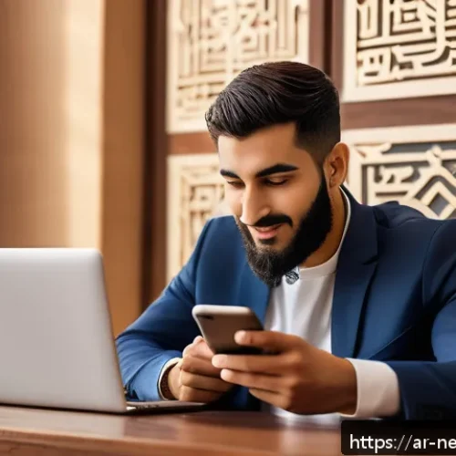 모바일 기기에서의 개인정보 보호법 - A modern Arabic man in his late 20s sitting at a traditional Middle Eastern coffee shop, securely us...