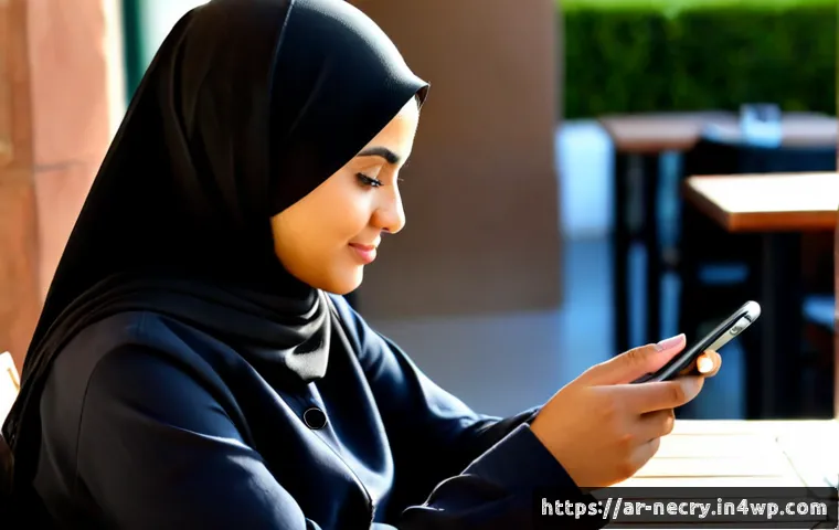 모바일 기기 사용 중 보안 사고 예방하기 - Photorealistic close-up of an Arab woman in modest contemporary clothing using a smartphone at a sun...